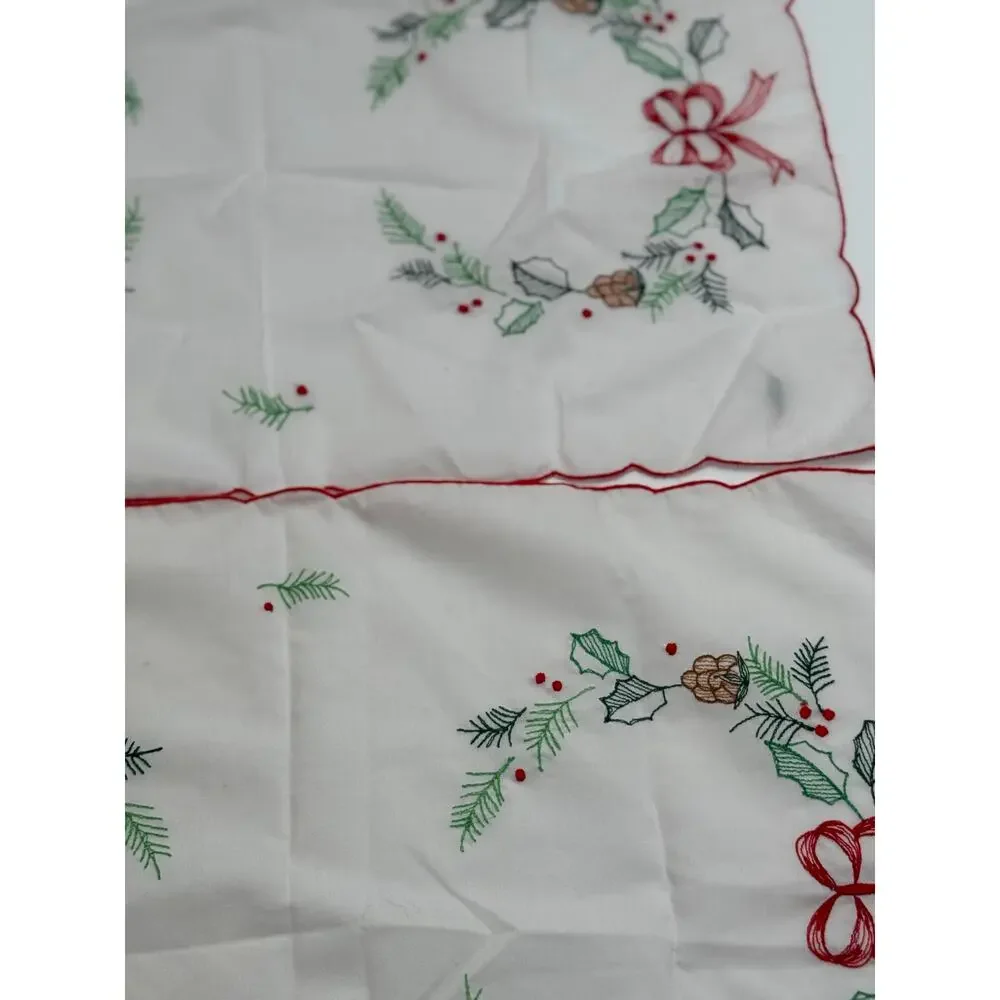 Vintage Hand Embroidered Christmas Dresser Scarves Wreath Holly Set of 2
